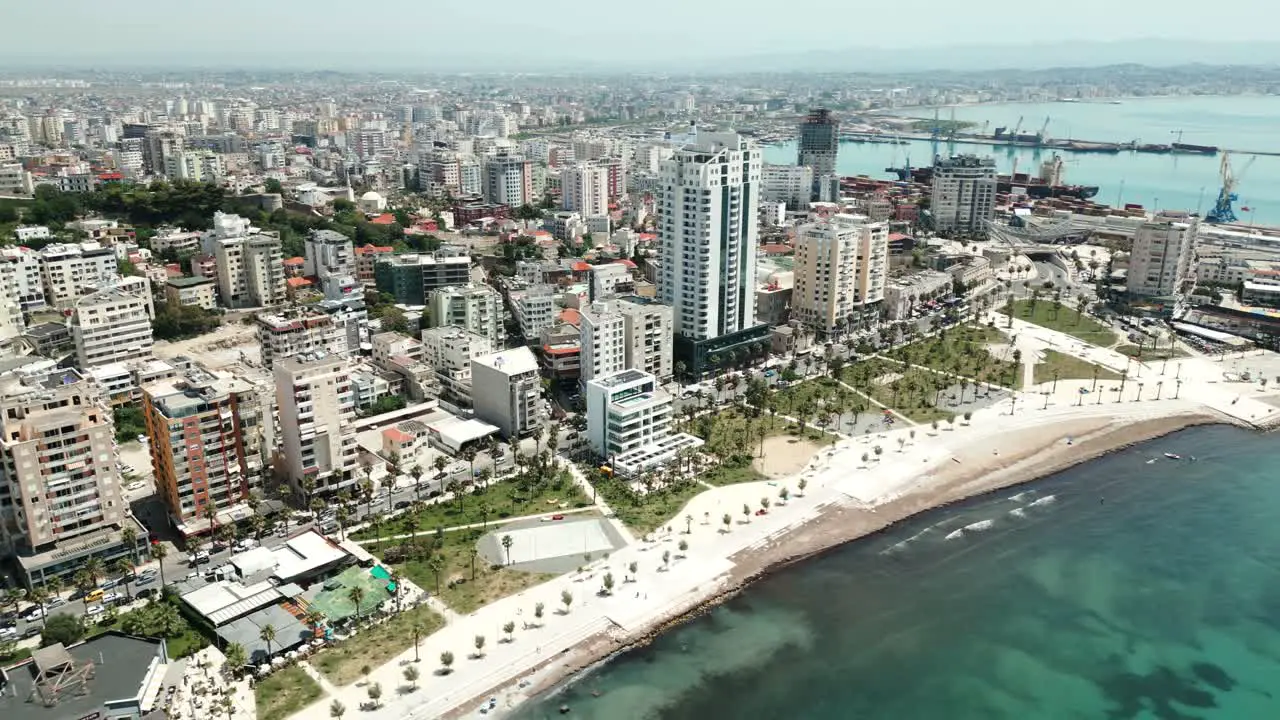 Durres city buildings along the Adriatic Sea coast aerial view from a drone