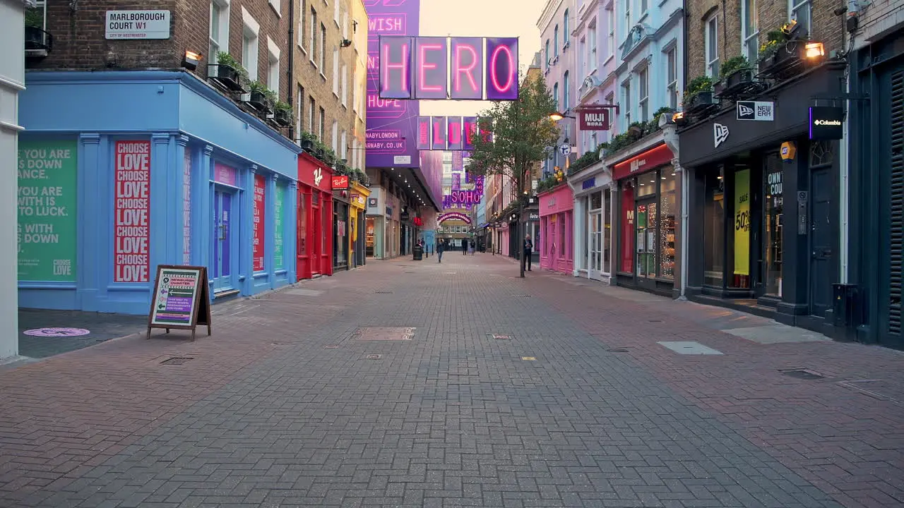 Empty London Roads during Covid-19 Lockdown at quiet deserted Carnaby Street in Soho a popular tourist area during the global pandemic Coronavirus shutdown in England Europe