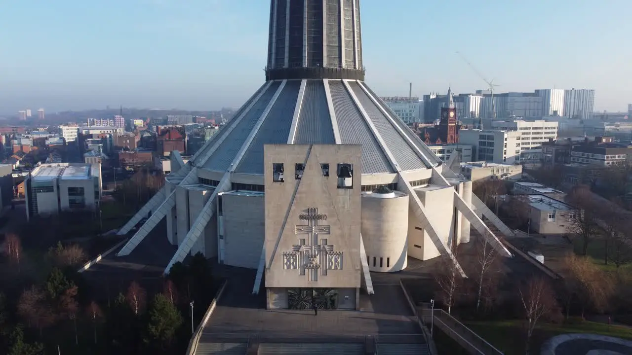 Liverpool Metropolitan cathedral aerial to front of building exterior