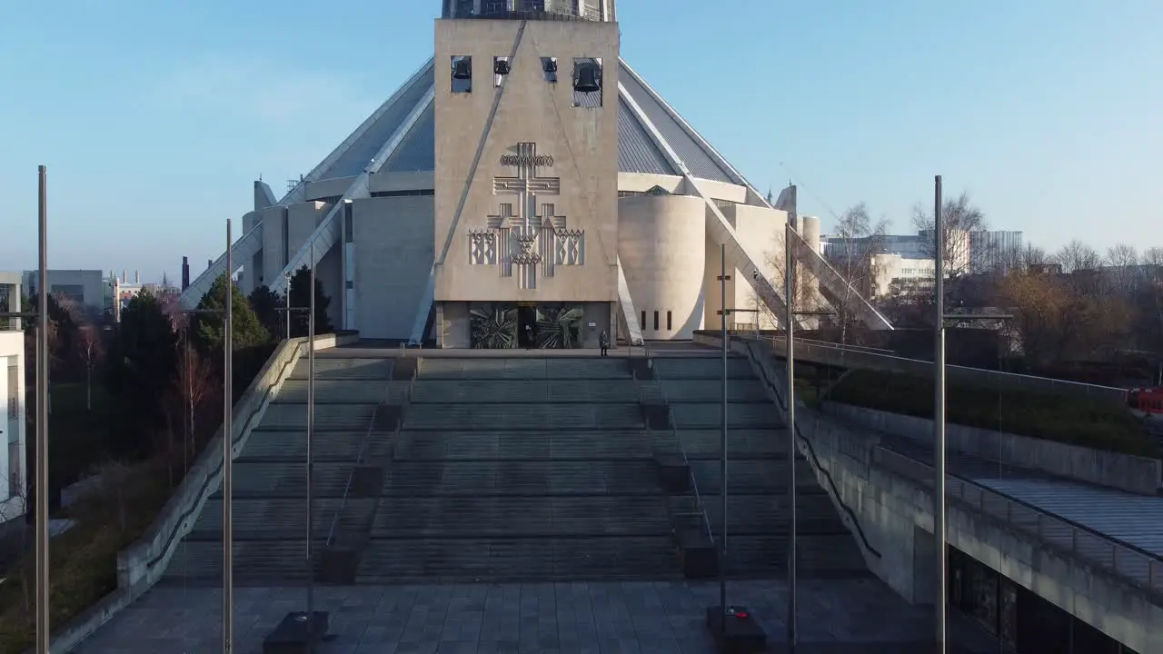 Liverpool Metropolitan cathedral aerial descend to ground contemporary city famous landmark staircase