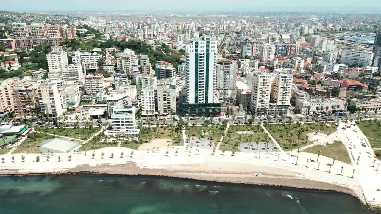 Durres city along the Adriatic Sea coast aerial view from a drone