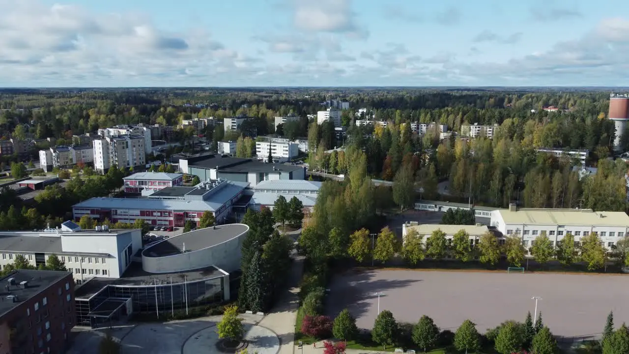 Aerial view of Cinema Keuda building in forest city of Kerava Finland