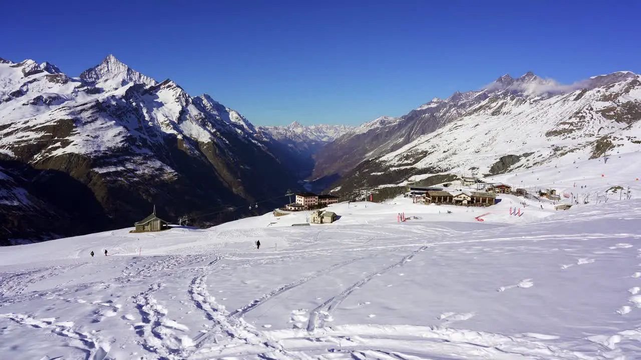 View of Riffelberg a ski resort near Zermatt in the snow covered mountains of the alps