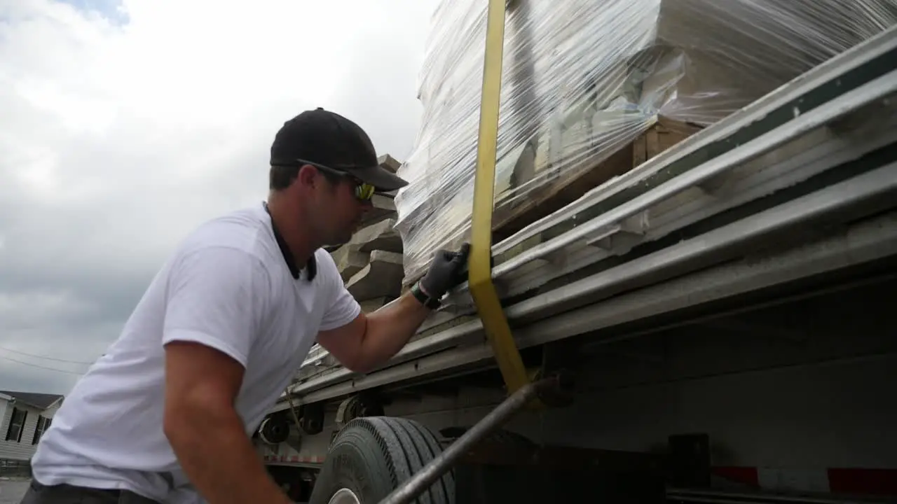 Truck driver secures load on his truckbed