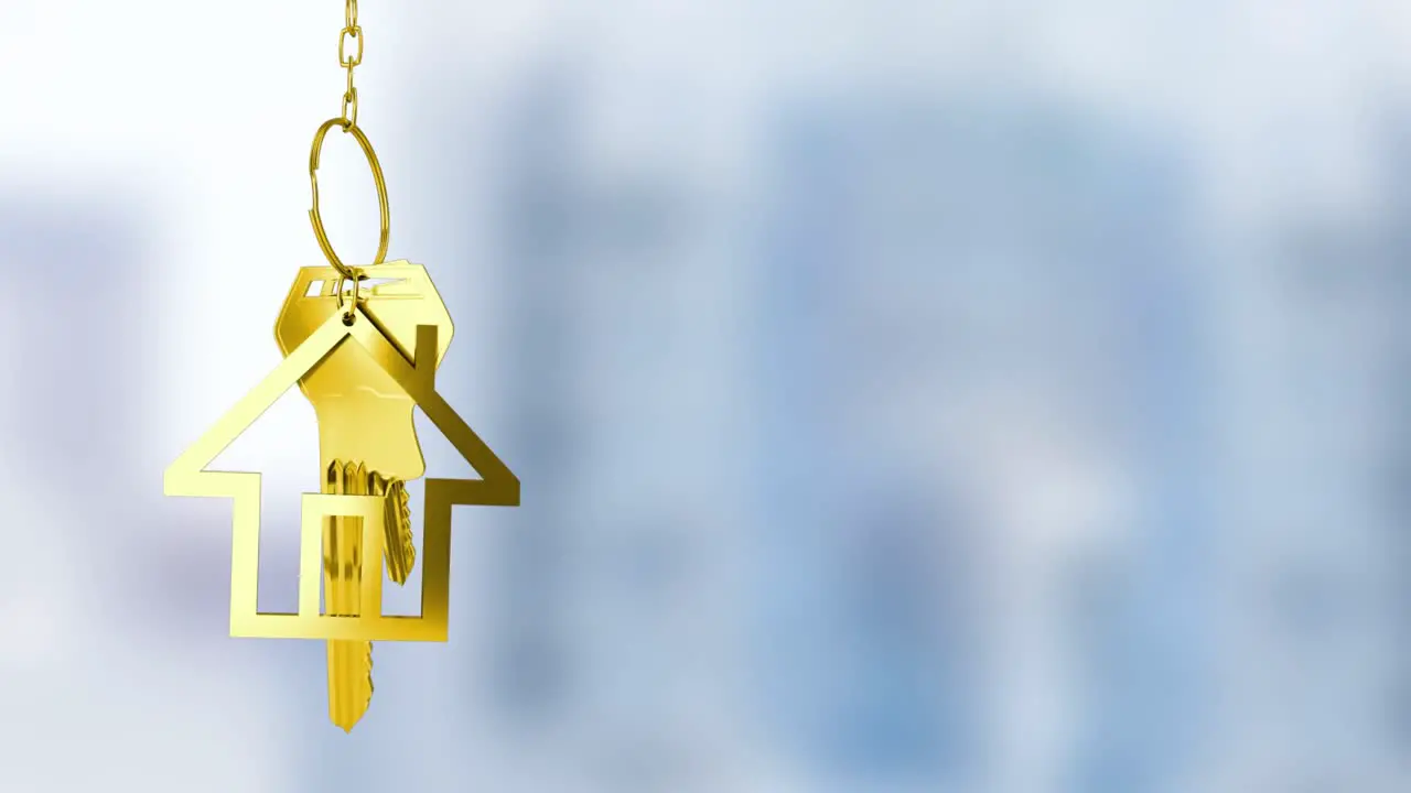 Animation of hanging golden house keys against blurred background with copy space