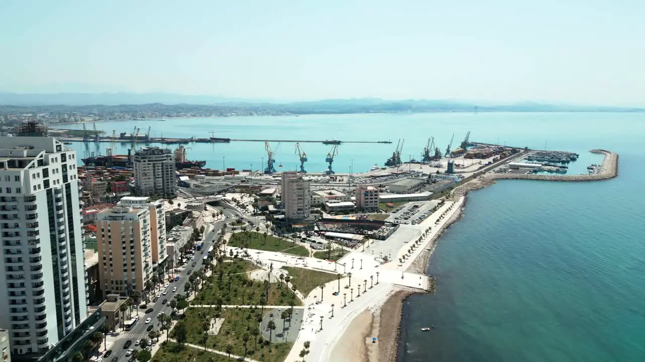 Durres city buildings port by the Adriatic Sea aerial view from a drone