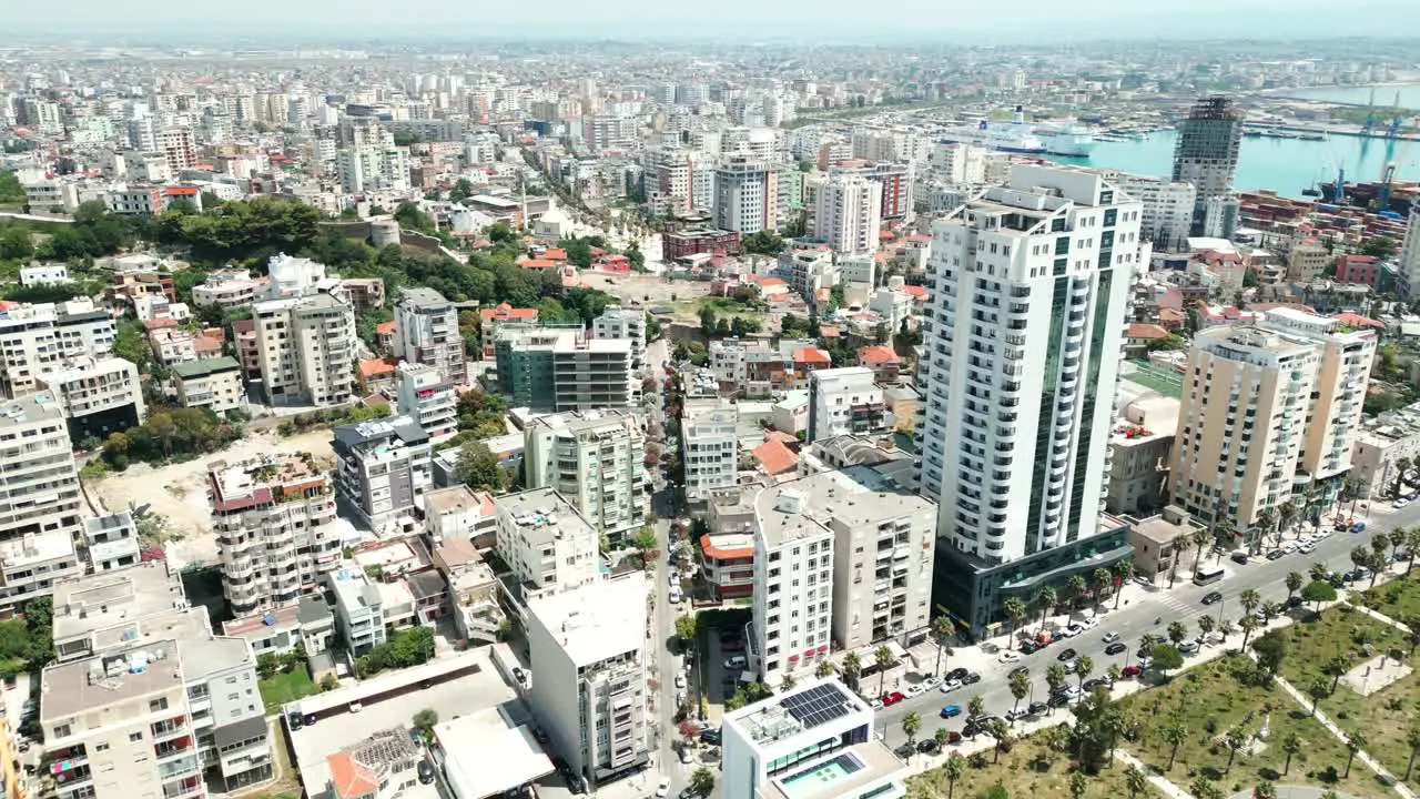 Durres tall city buildings along the Adriatic Sea coast aerial view from a drone