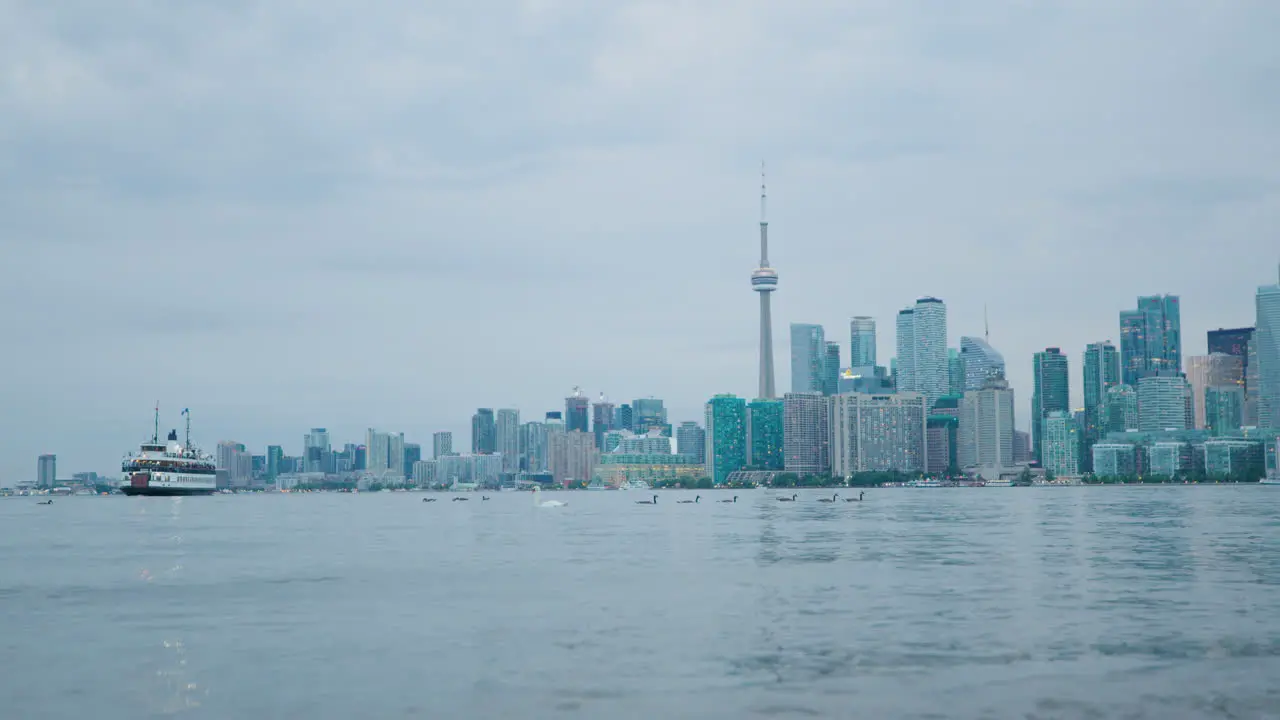 Toronto City Skyline with CN Tower Seen From Lake Islands Static