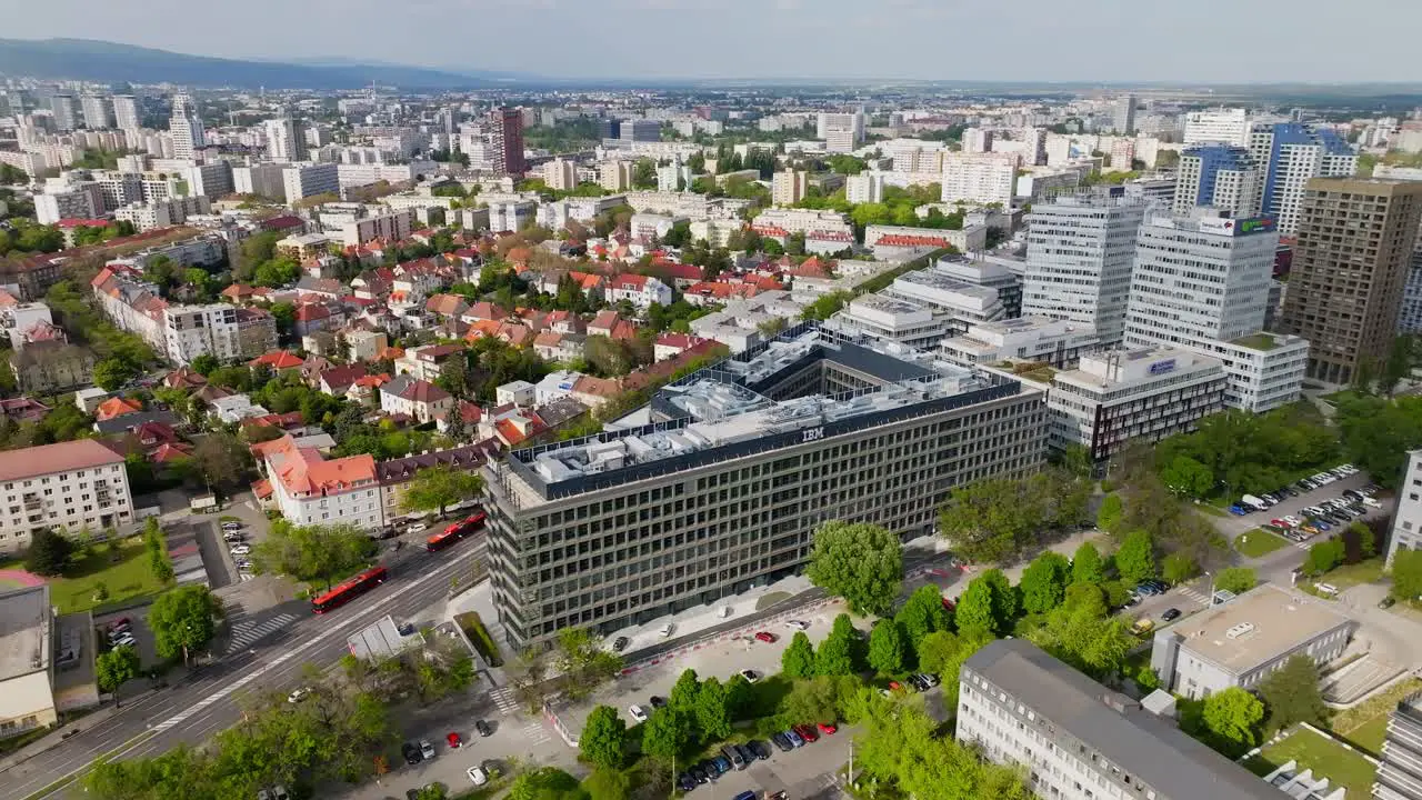 Aerial panoramic view of IBM logo on the top of modern business building