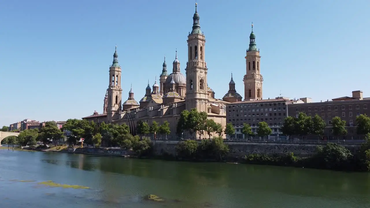 Zaragoza Aragon Spain Aerial Drone View of Cathedral Basilica of Our Lady of the Pillar snd Ebro River