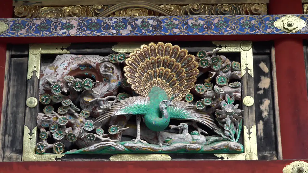 Carving wall at the Toshogu Shrine temple in Nikko Japan