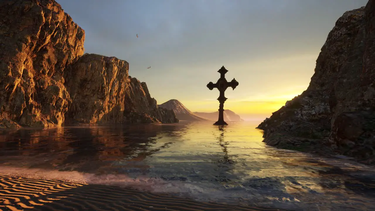 A huge gothic cross on the sea surrounded by large cliffs a sand beach grass trees and a sunset 3D animation low view