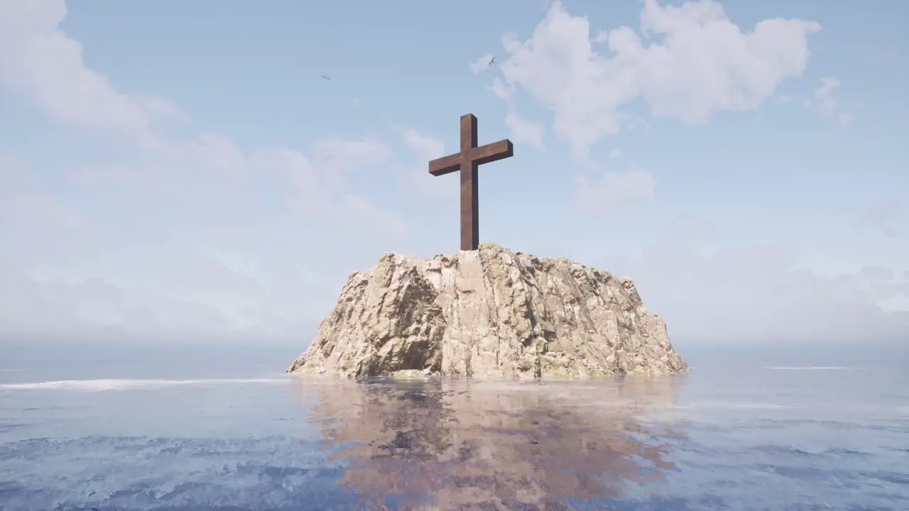 A large wooden cross standing upon a large cliff in the middle of the sea with seagulls flying above it 3D animation with camera dolly forward and up