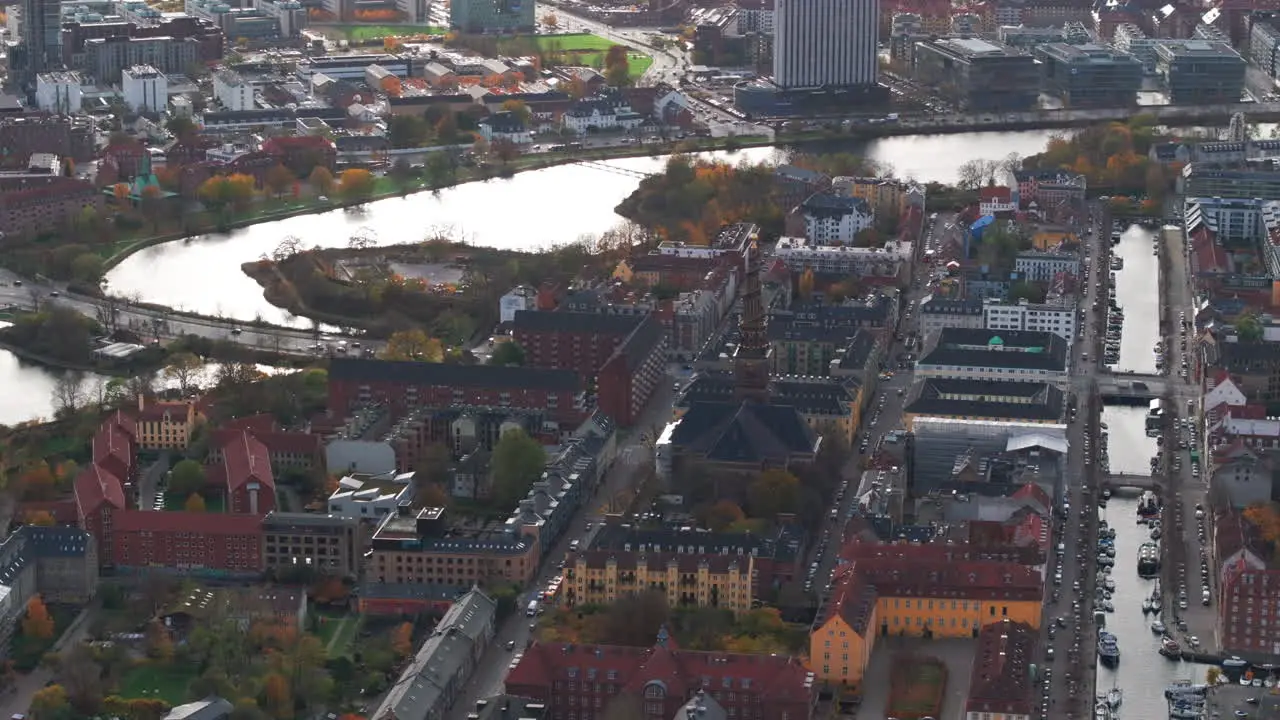 Aerial circling shot of Vor Frelsers Kirke Copenhagen