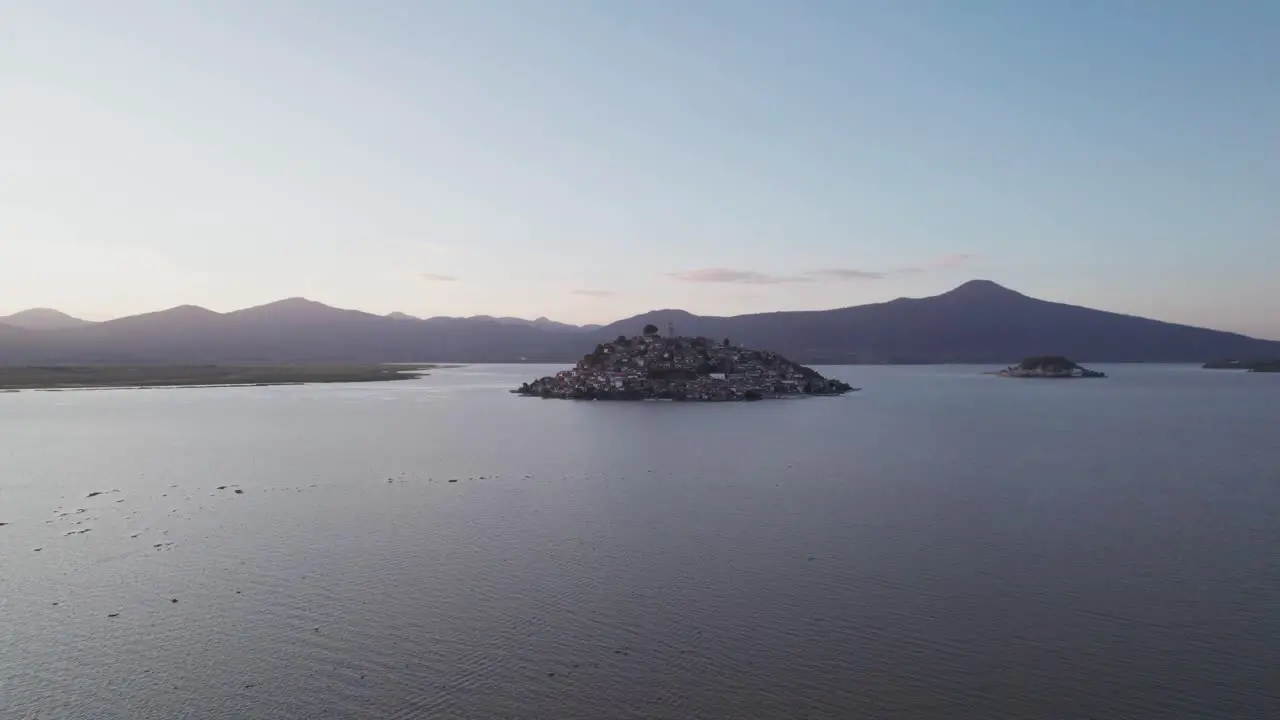 Aerial shot of orbit of the island of Janitzio