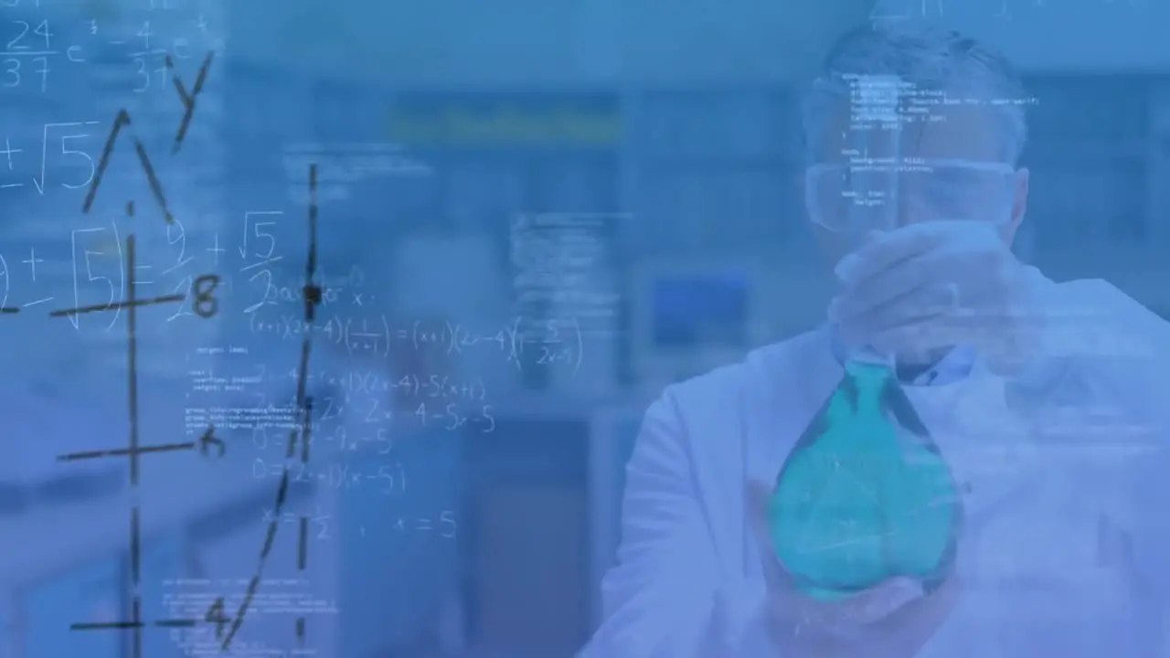 Animation of mathematical equations over caucasian male scientist holding a flask at laboratory