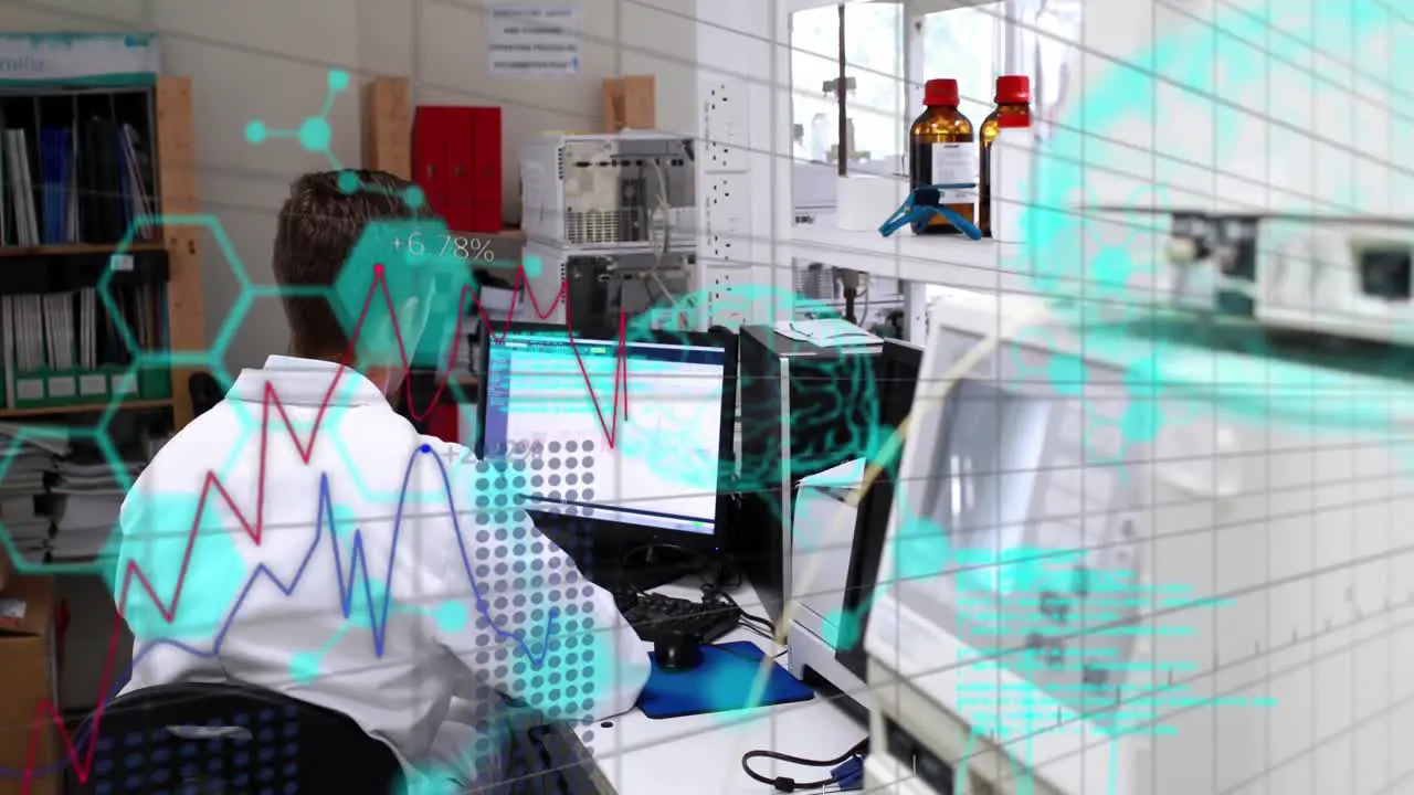 Animation of scientific data processing over caucasian male scientist with computer in laboratory