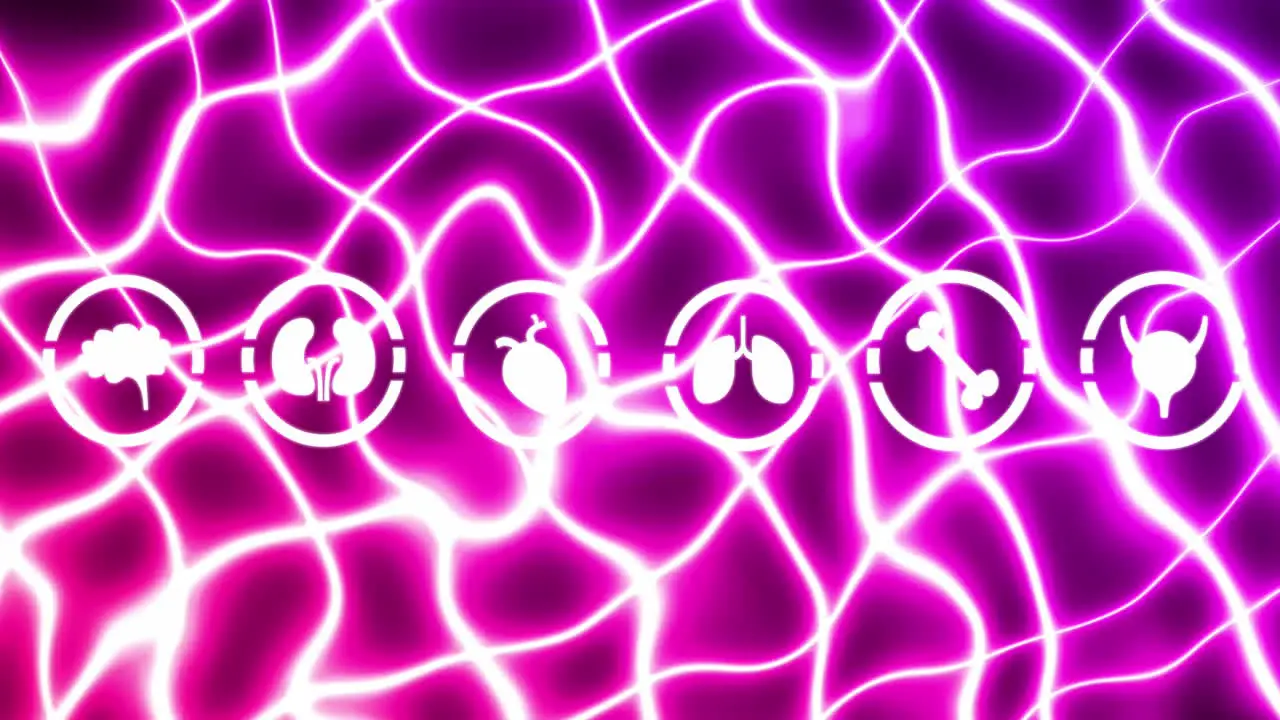 Animation of multiple medical icons over glowing light trails against purple background