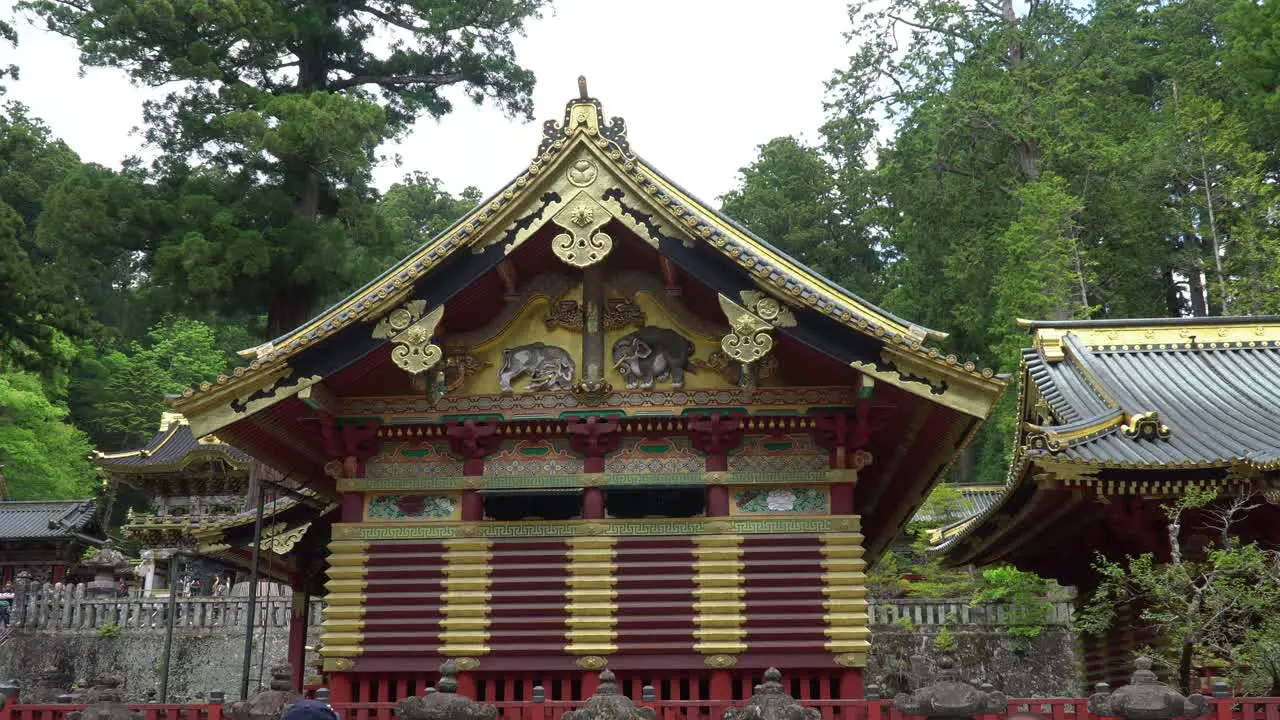 Tourist taking photos from the Elephant carvings at the front of Toshogu Shrine temple in Nikko Japan