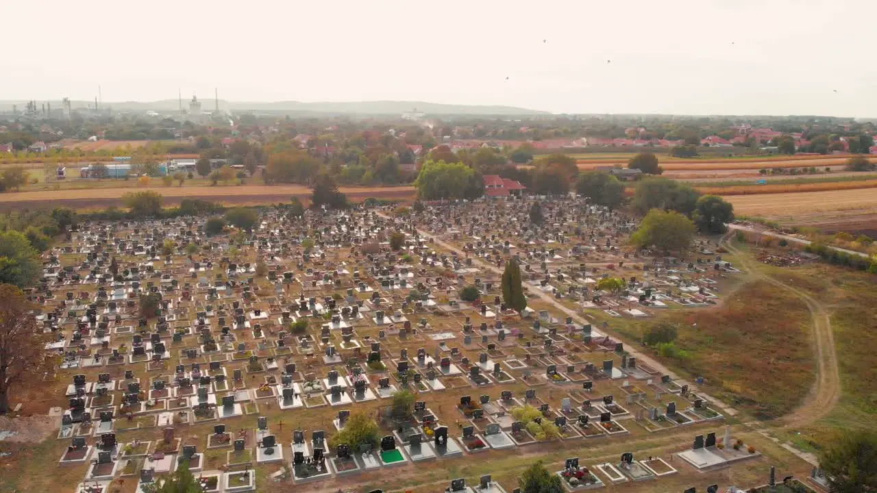 Aerial drone footage of the cemetery by the village