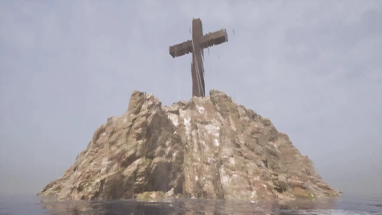 A large wooden cross standing upon a large cliff in the middle of the sea with rain falling 3D animation with static camera