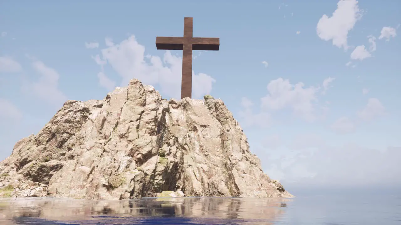 A large wooden cross standing upon a large cliff in the middle of the sea with seagulls flying above it 3D animation with camera dolly right around it