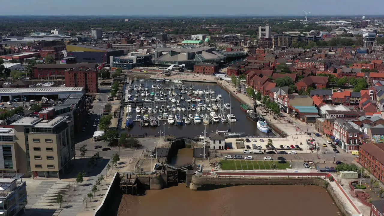 Slow aerial flight towards Hull Marina at medium height