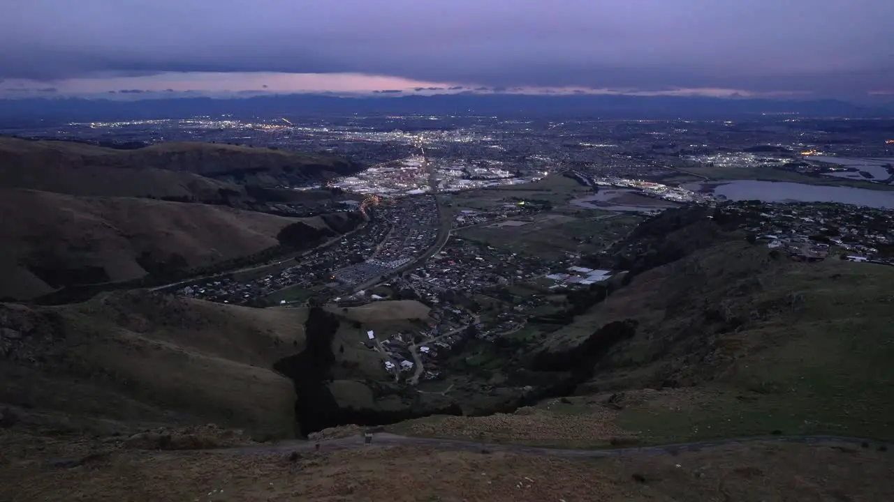 Aerial toward Christchurch from the mountain's overcast dawn