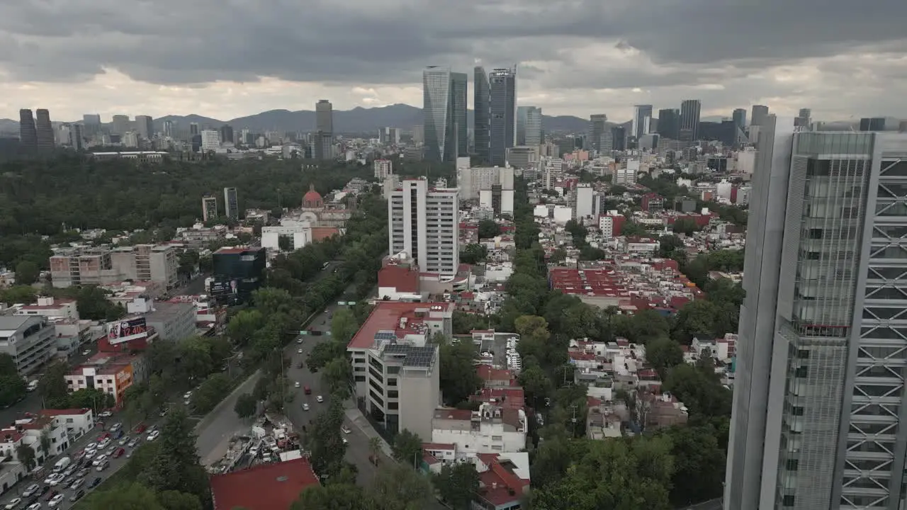 Aerial view Downtown Mexico City skyscrapers under overcast sky