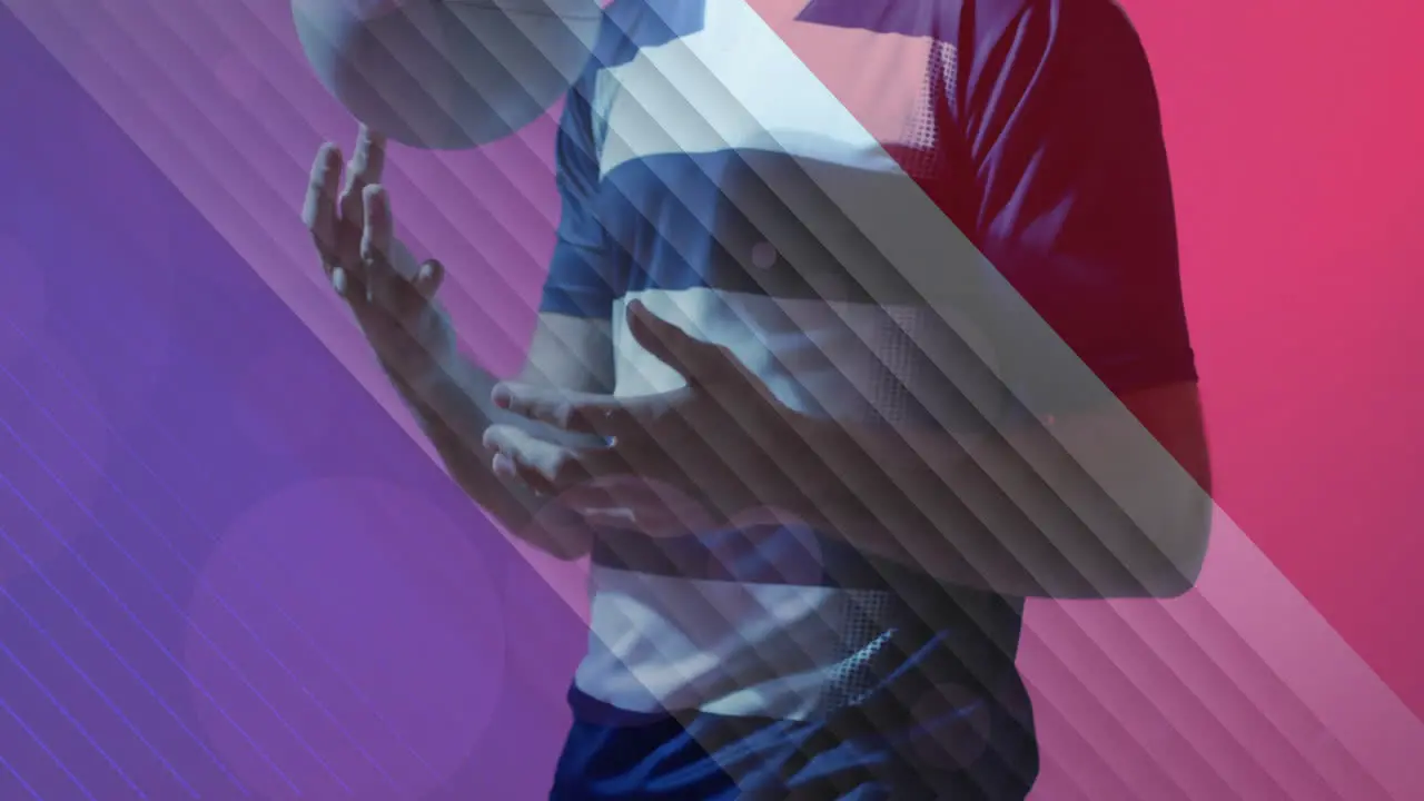 Animation of flag of france over caucasian male rugby player with ball