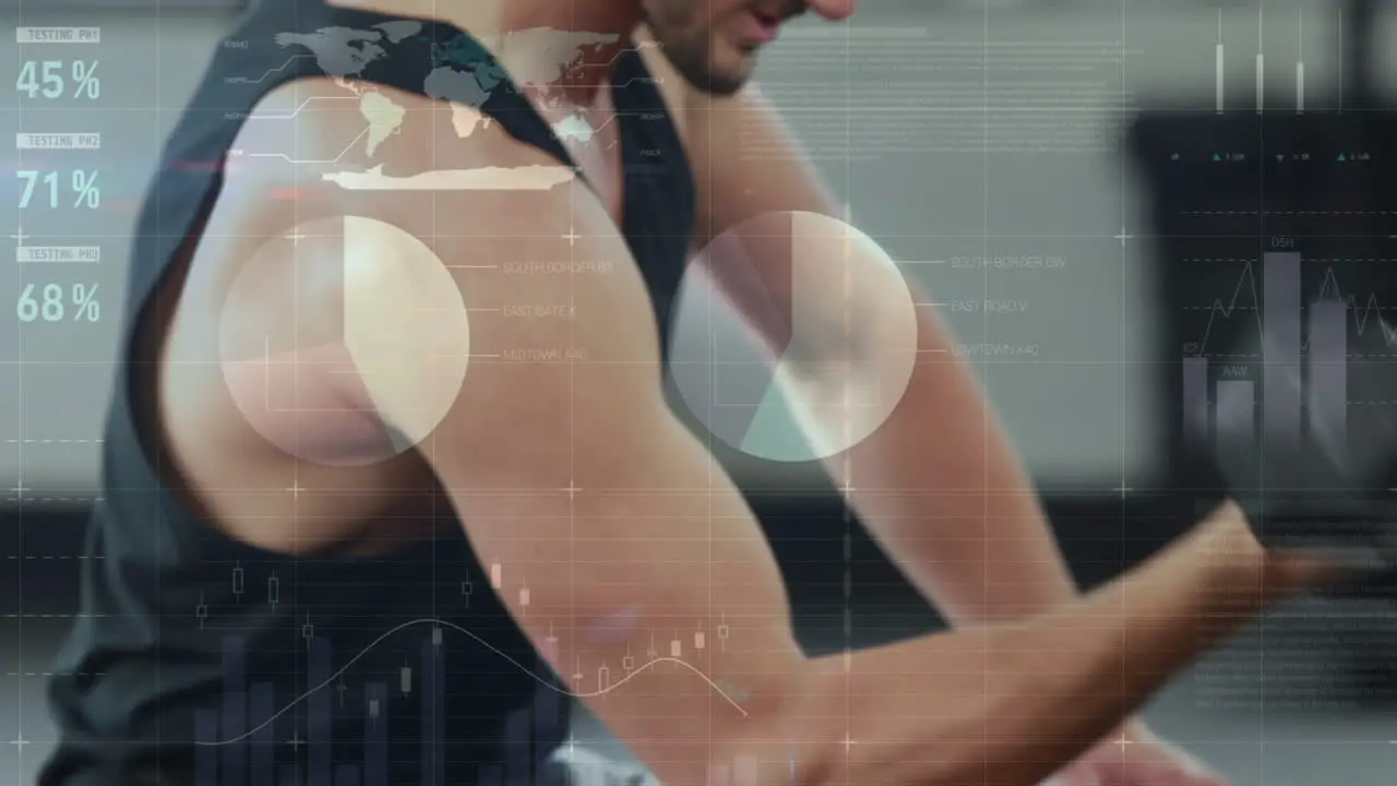 Animation of statistical data processing over mid section of a man working out with dumbbells at gym