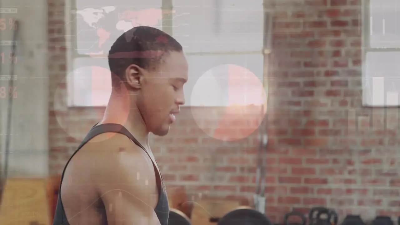 Animation of statistical data processing over african american man working out with dumbbells at gym