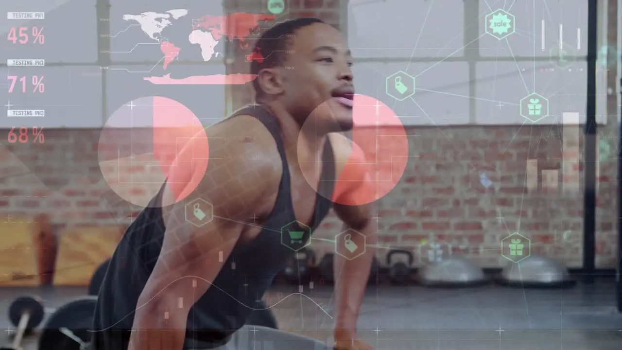 Animation of statistical data processing over african american man working out with dumbbell at gym