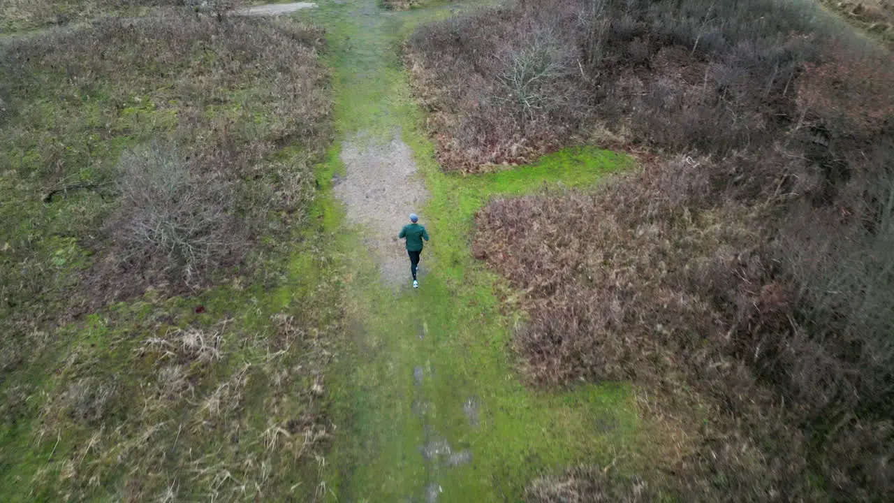 Aerial view of a person jogging on a narrow path through winter heath