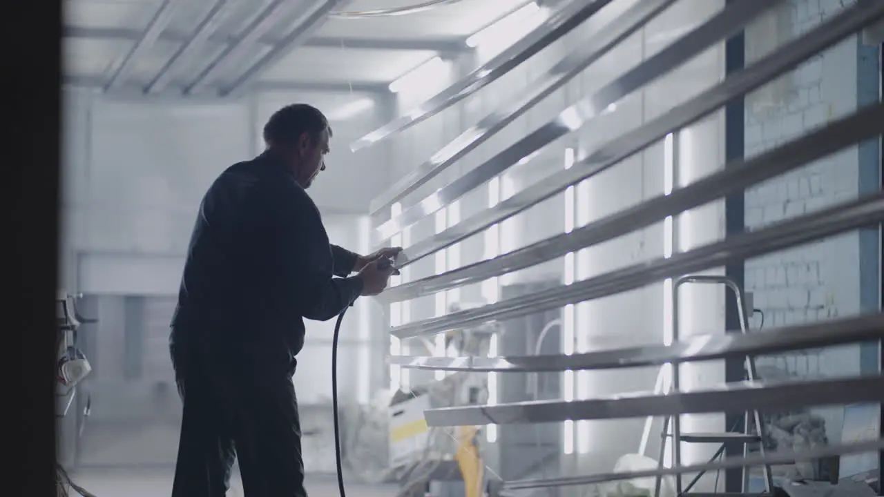 Men in the production of steel structures prepare parts for painting in the paint shop