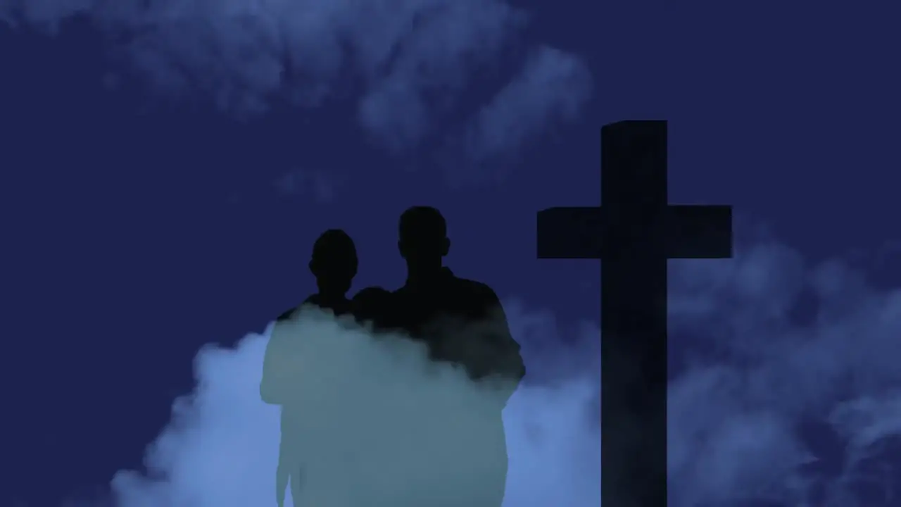 Animation of silhouette of Christian cross and a family on dark background