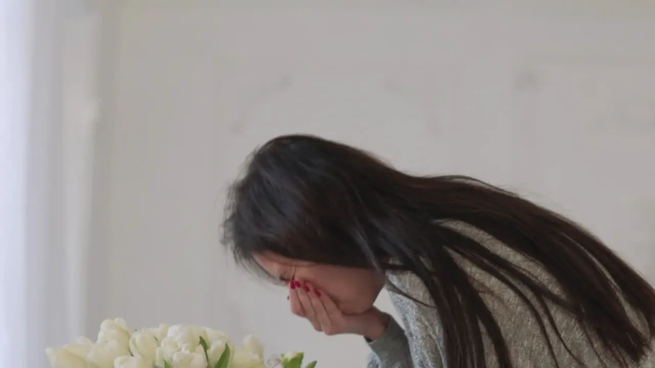 Allergic Woman Sniffing Flowers Bouquet And Sneezing