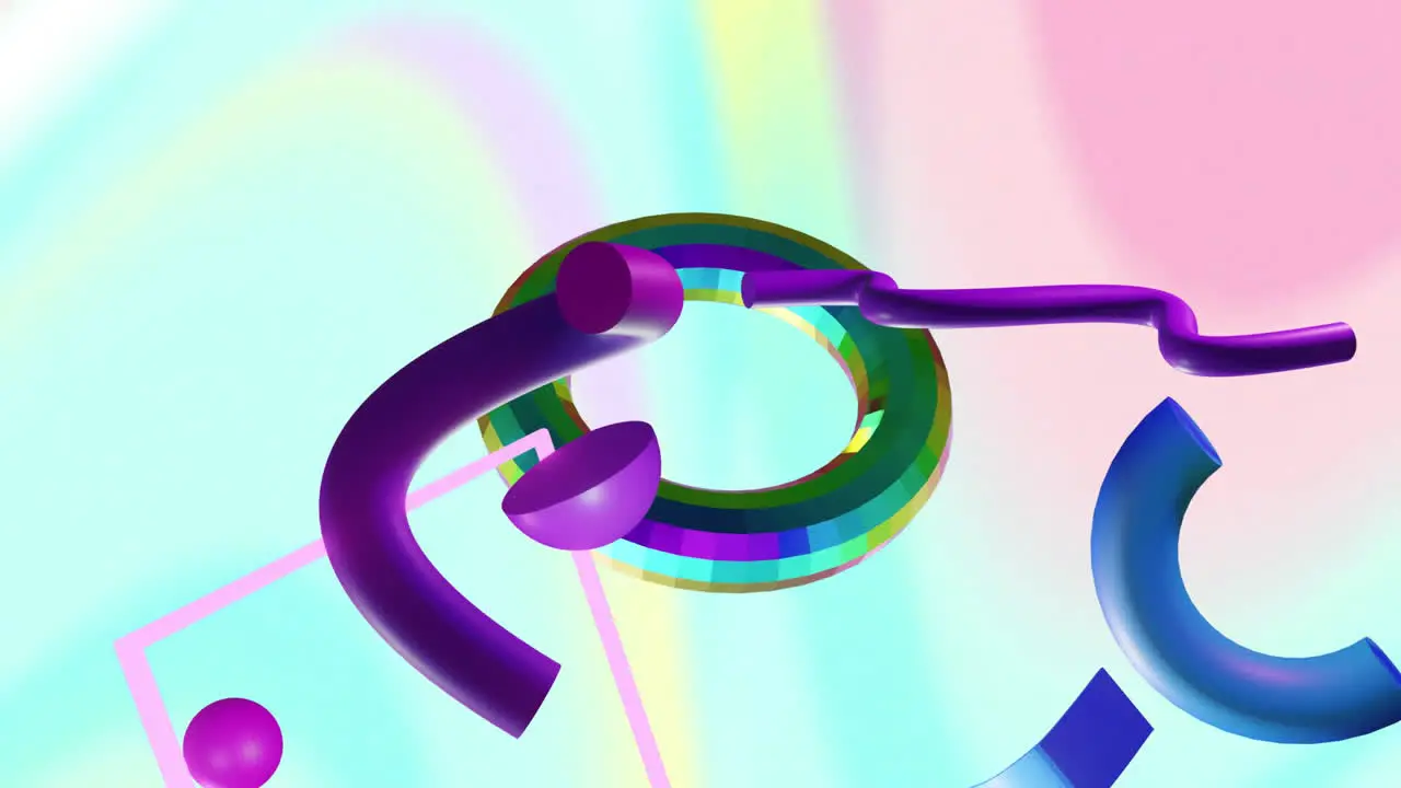 Animation of rotating metallic ring with purple rods and spheres over abstract pastel background