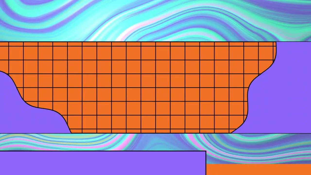 Animation of orange grid banner over purple and green abstract swirl with purple tool bar