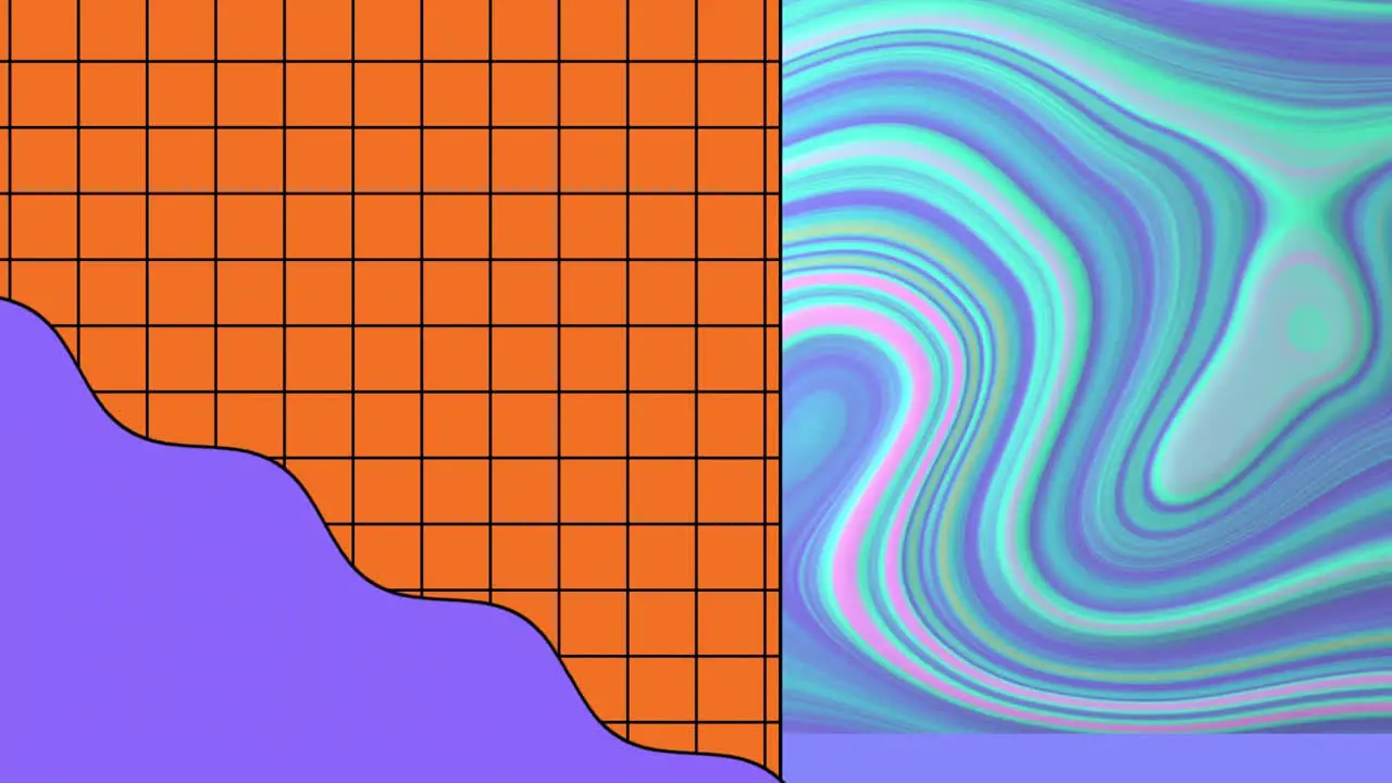 Animation of orange grid and purple wave over blue pink and purple swirl