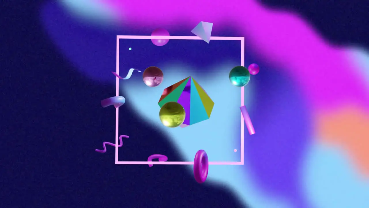 Animation of rotating 3d metallic diamond and spheres in pink frame over blurred colours on black