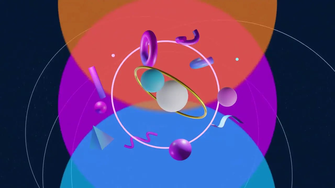 Animation of rotating gold ring with 3d shapes over blue orange and purple circles on black