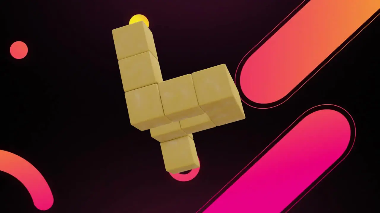 Animation of floating joined 3d cubes over pink and yellow shapes on black background