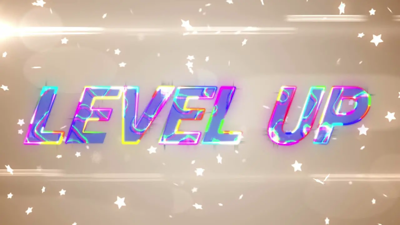 Animation of level up text and stars with lens flares over abstract background