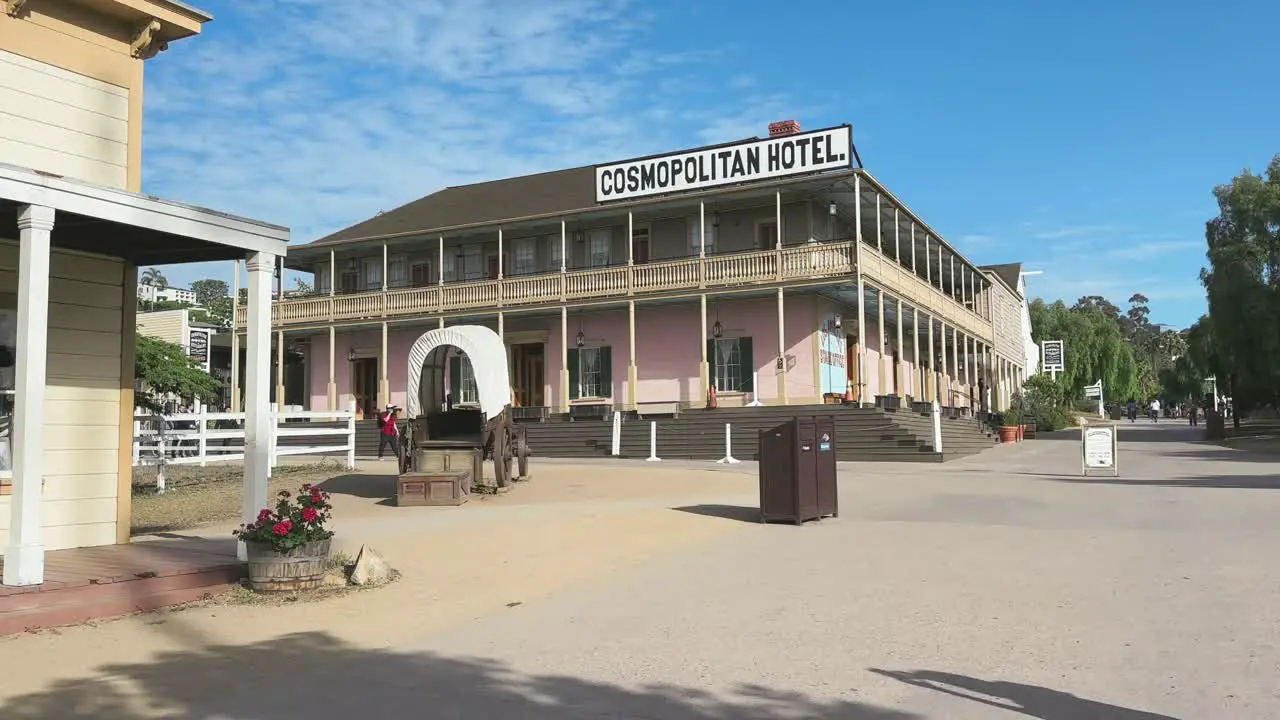 Historical replica architecture in Old town San Diego street with a Cosmopolitan hotel and shop California