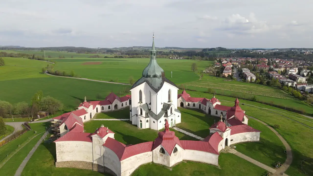 Aerial Drone footage of Pilgrimage Church of Saint John of Nepomuk in Zdar nad Sazavou Czech republic