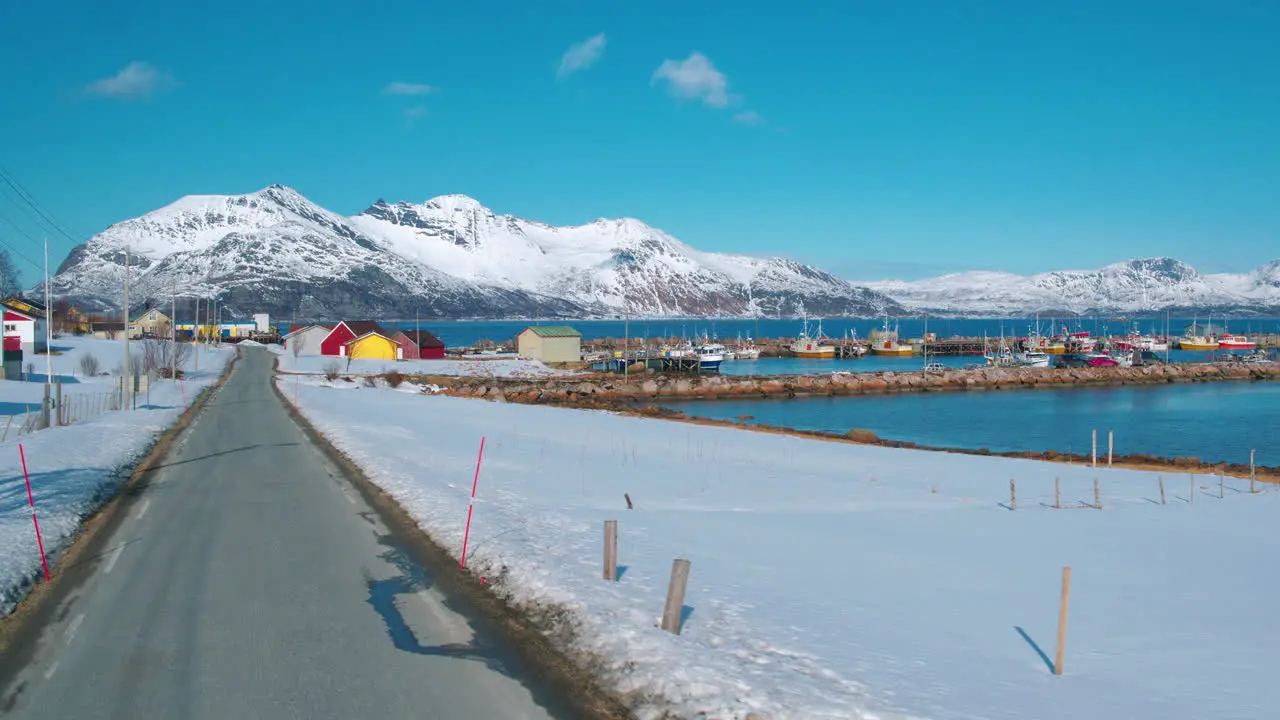 Cinematic tracking shot of Tromvik harbour Norway