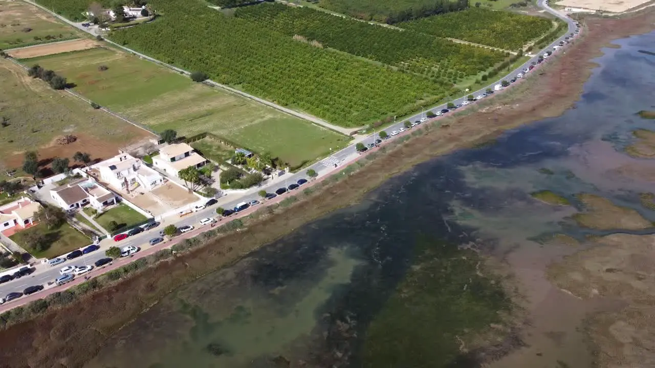  Drone Costal Algarve lagoon panning shot of costal resorts and sea