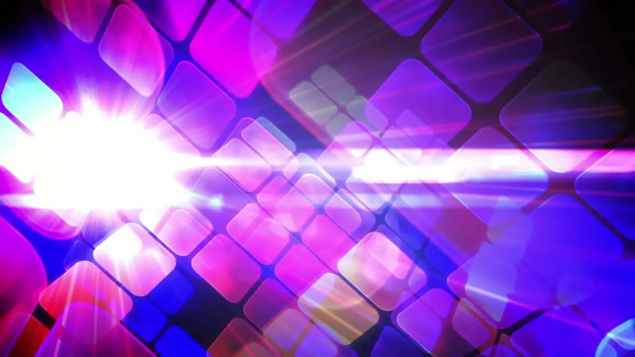 Animation of lens flares over looping squares against black background