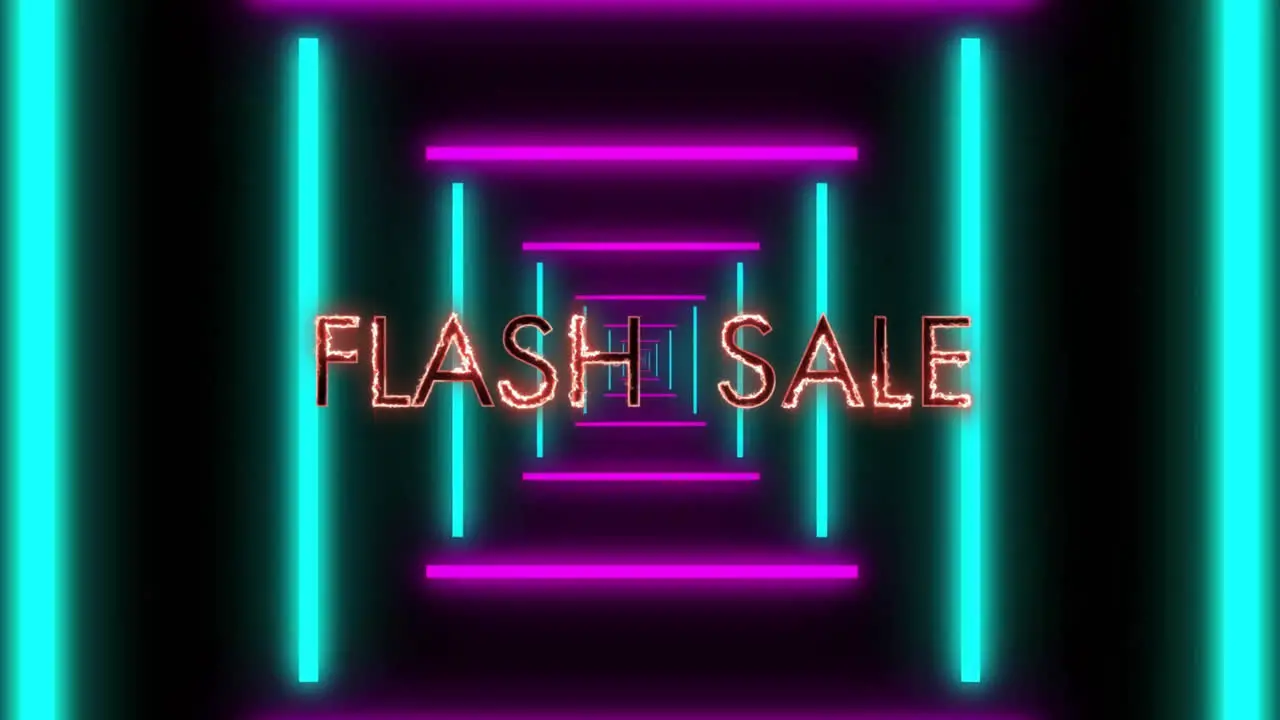 Animation of flash sale text and colourful shapes over digital tunnel